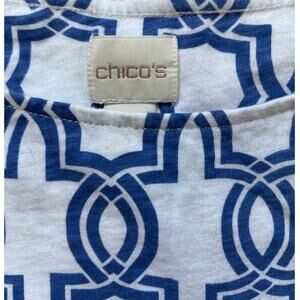 Chico's Boat Neck Top Cotton 3/4 Sleeve Patterned Size Large White Blue